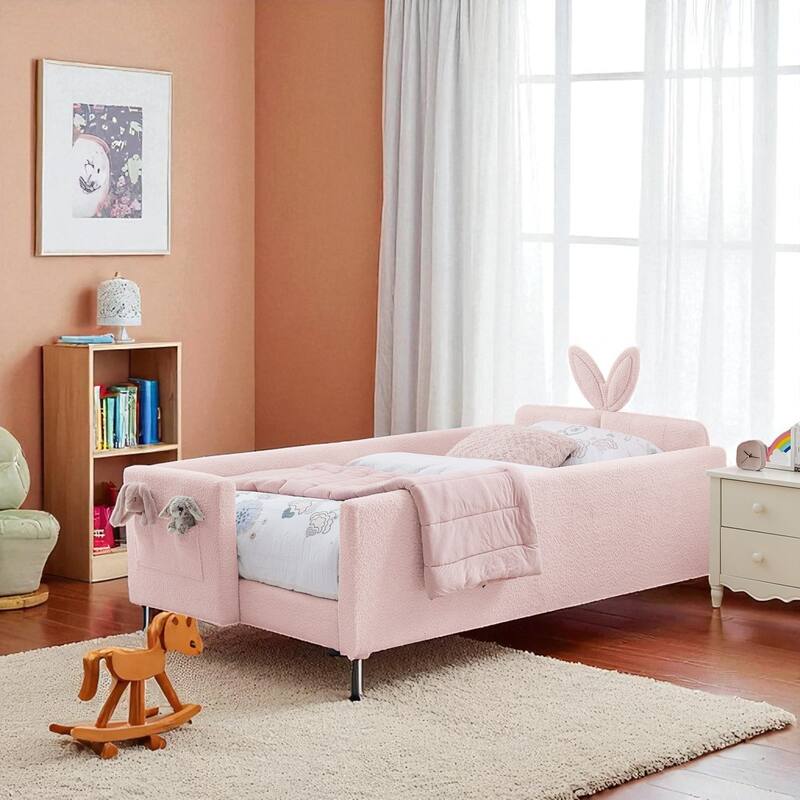 Twin Size Upholstered Platform Bed with Rabbit Ear Headboard, Boucle Fabric, Safety Rail and Storage Pocket for Kids
