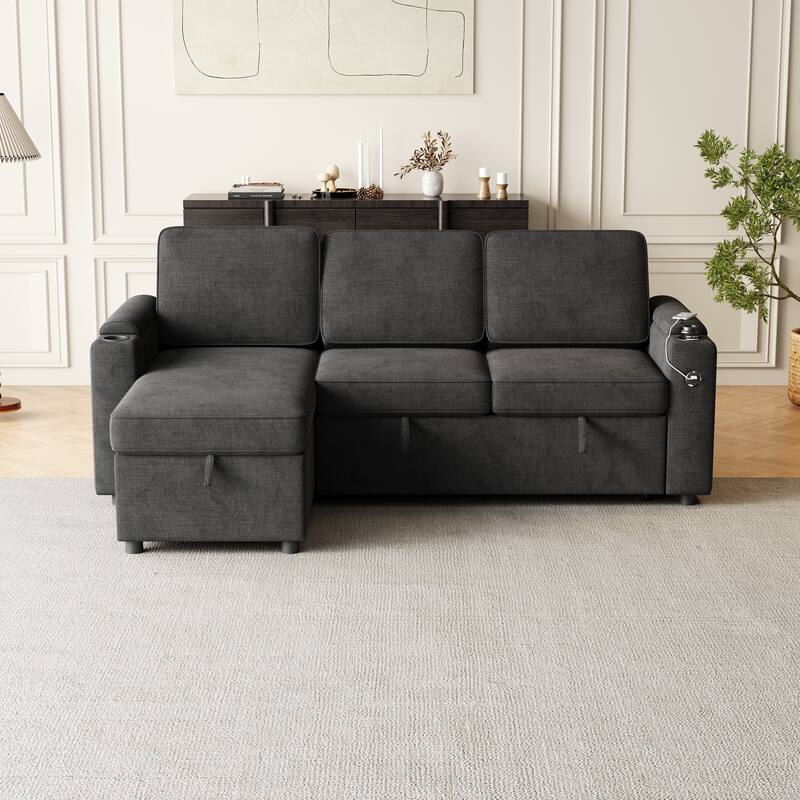 Sleeper Sofa with Storage, Cup Holder and USB Charging Port,Couch with Pull Out Bed, Daybed for Living Room Bedroom
