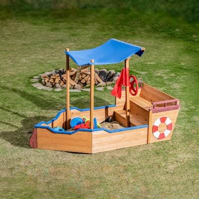 Pirate Ship Sandbox with Cover and Rudder, Wooden Sandbox with Storage Bench and Seat, Outdoor Toy for Kids Ages 3-8 Years Old