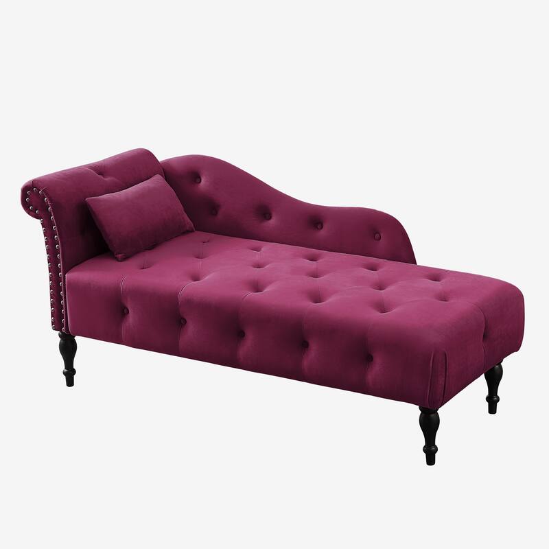 60.6" Velvet Chaise Lounge Buttons Tufted Nailhead Trimmed Solid Wood Legs with 1 Pillow,Burgundy (Left Arm Design)