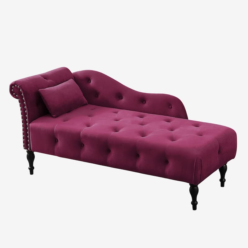 60.6"Velvet Chaise Lounge Buttons Tufted Nailhead Trimmed Solid Wood Legs with 1 Pillow(Left Arm Design as Shown in the Picture)