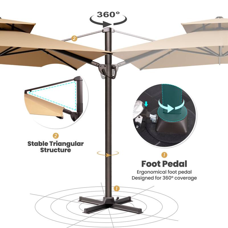 Outdoor Square 360 Degree Rotation Patio Cantilever Offset Umbrella with Base