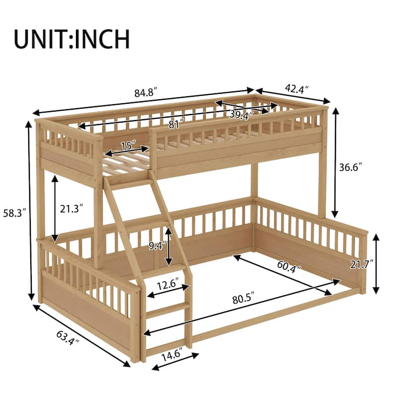 Twin XL Over Queen Bunk Bed with Ladder and Guardrails