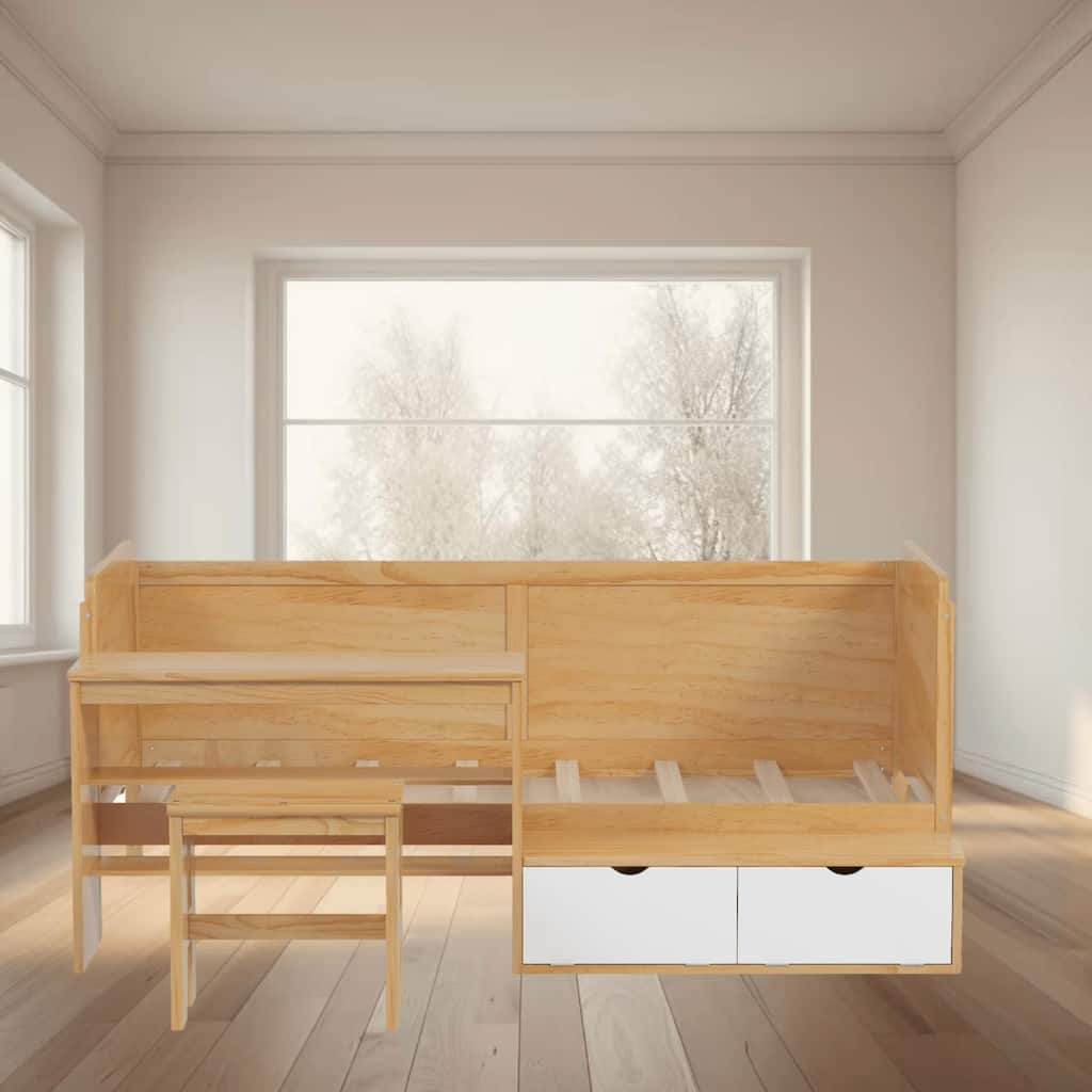 Wooden Twin Size Daybed with Storage Shelves, Study Desk, and Matching Stool, Multi-functional and Space-Saving for Bedroom