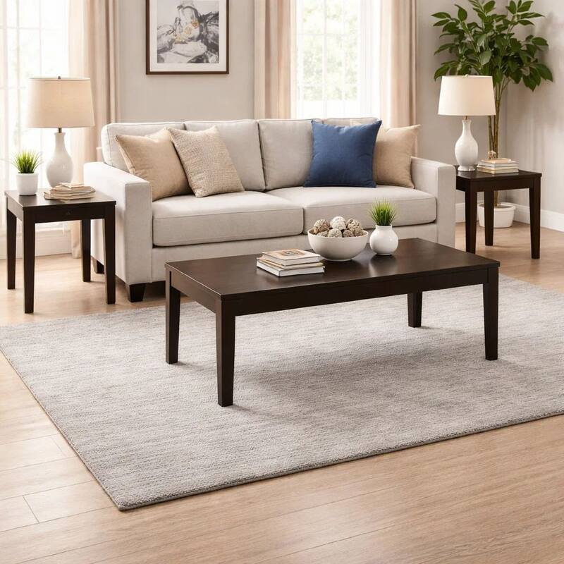 3 Piece Rectangular Coffee and Square End Table Set, Sleek Espresso Brown