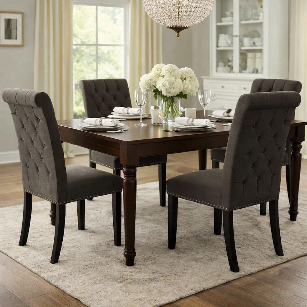 Ali 20 Inch Set of 2 Side Chairs, Brown Rolled Back, Deep Button Tufting