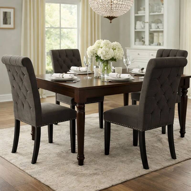 Ali 20 Inch Set of 2 Side Chairs, Brown Rolled Back, Deep Button Tufting