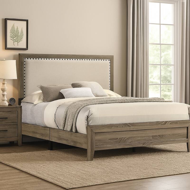 Shannon Full Panel Bed with Nailhead Trim, Ivory Fabric, Gray Wood