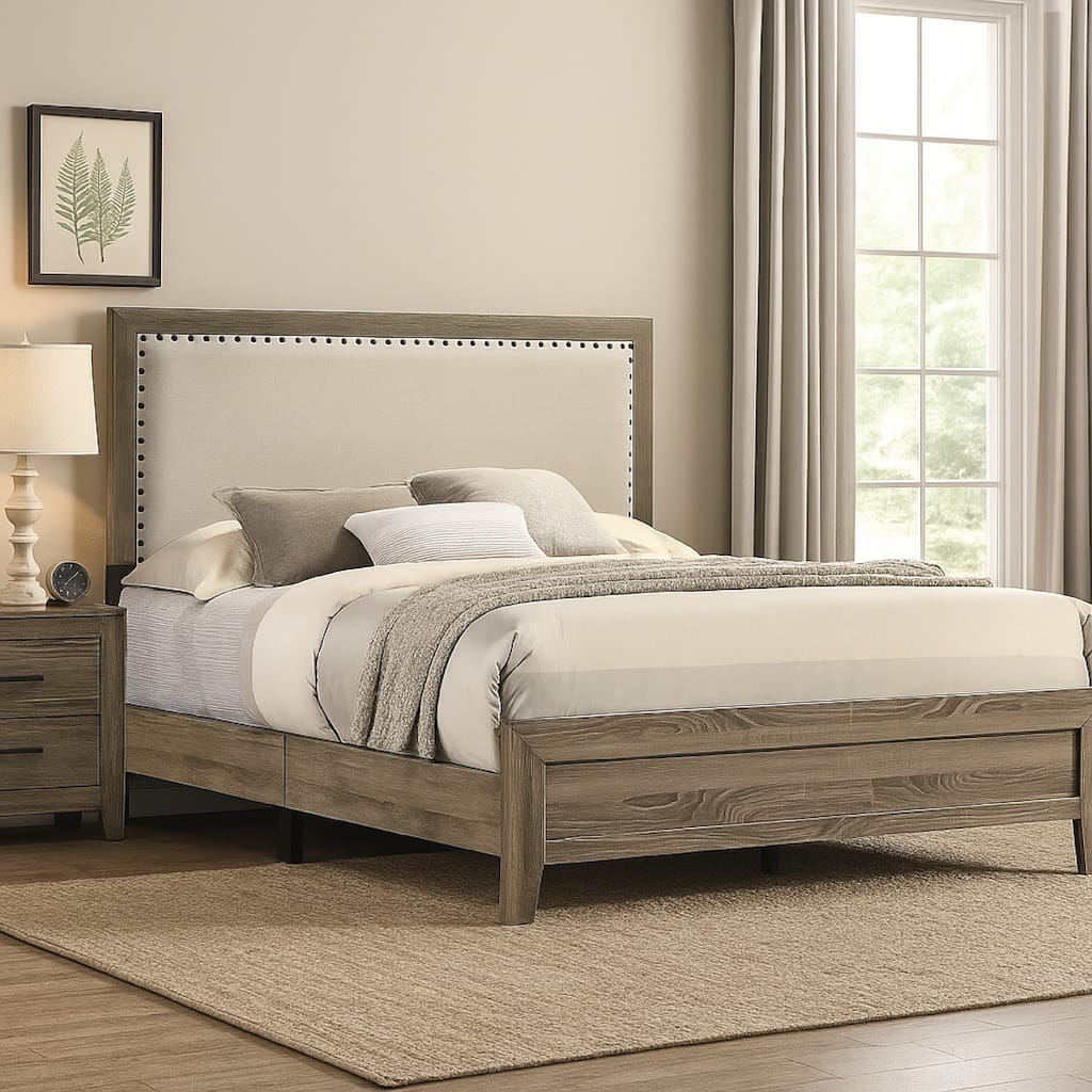 Shannon Full Panel Bed with Nailhead Trim, Ivory Fabric, Gray Wood