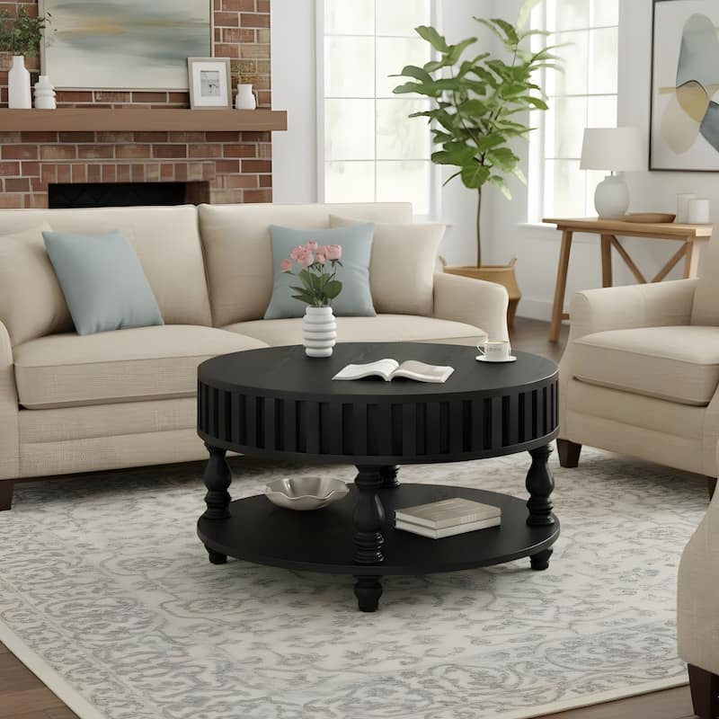 Farmhouse Fluted Coffee Table with Storage and Flip-Top Lids