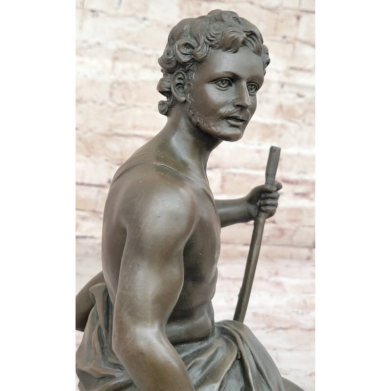 Muscular Male Shepherd With His Imitative Dog - Bronze Sculpture By Barbedienne On Marble Base