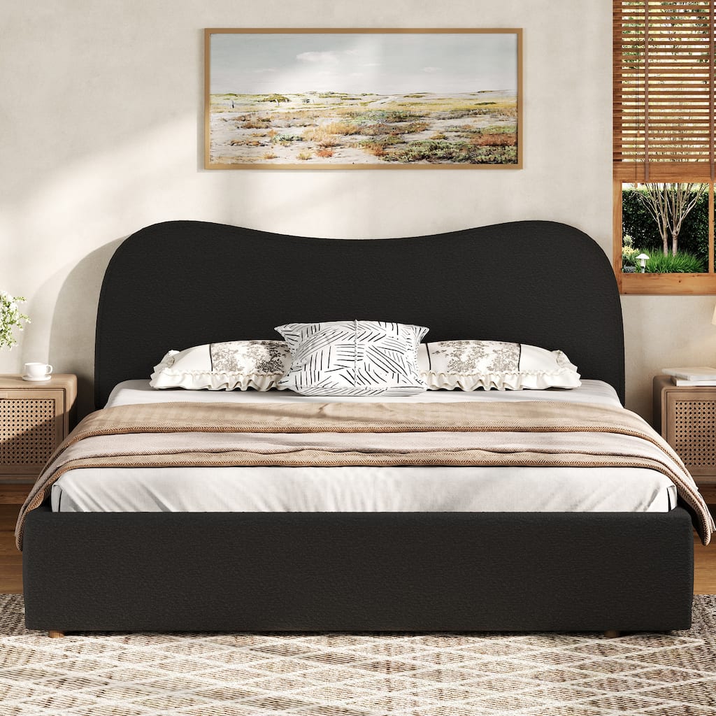 Christopher Knight Home - Arden Upholstered Platform Bed in Boucle Fabric with Wooden Slats and Curved Headboard