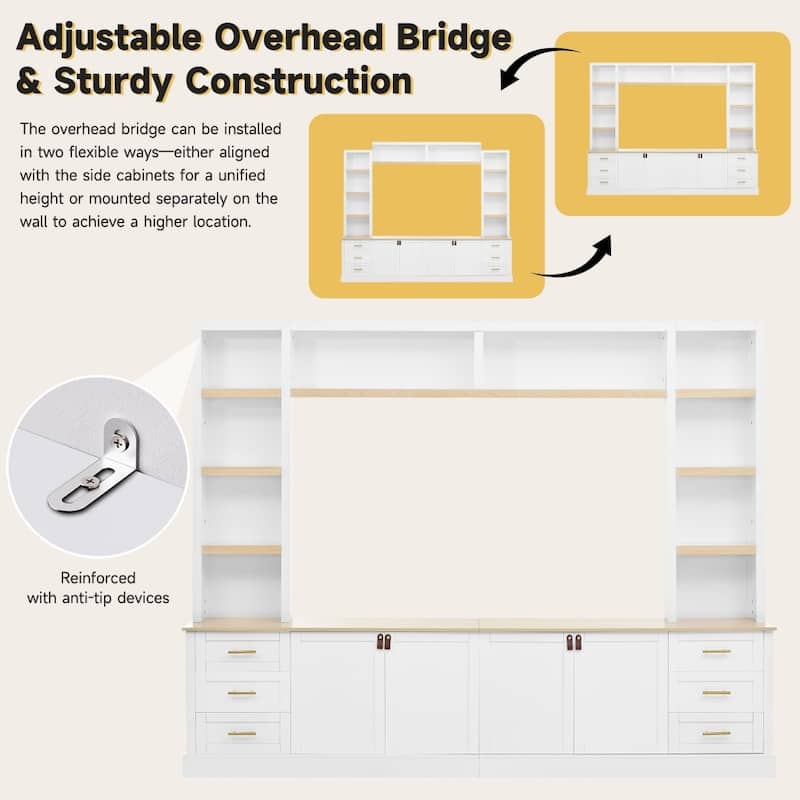 102.3" Farmhouse 4-Piece Entertainment Center Wall Unit with Adjustable Shelves,6 Drawers