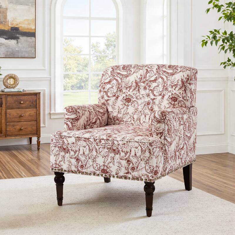 Striped Upholstered Linen Armchair with Brass Nailhead Trim