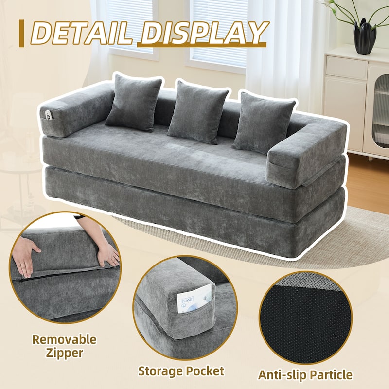 GALDWIN Chenille Upholstered Convertible Folding Sofa Bed with Pillows for Living Room