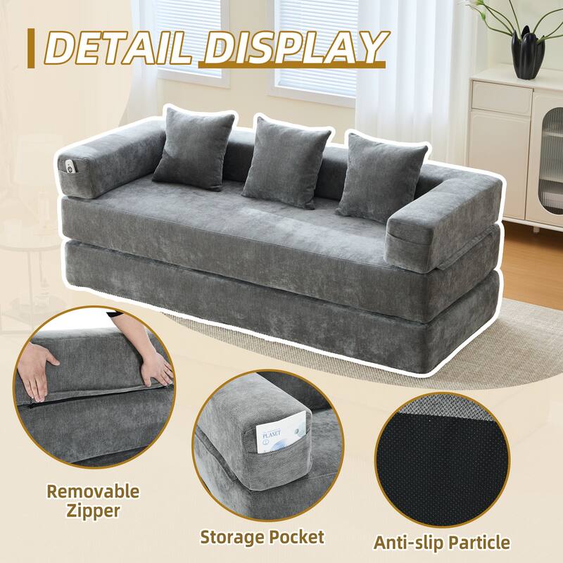 Queen Foldable Sofa Bed, 6-in-1 Convertible Sleeper Sofa with Mattress, Chaise Lounge Loveseat with Removable Cover