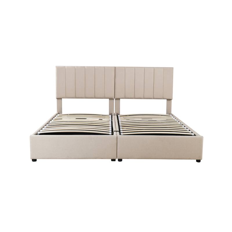 King Size Upholstered Platform Bed with a Hydraulic Storage System, Beige