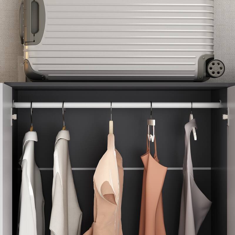 Wooden 2 Drawers 4 Doors Wardrobe Armoire With Mirror (Gray/Black)