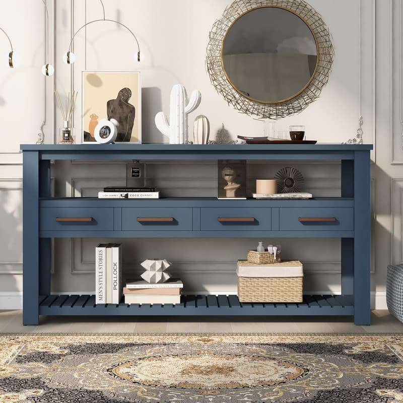 Long Entryway Console Sofa Table with Drawers, Farmhouse Wood Sofa Tables Console Table with 4 Drawers and 2 Shelves