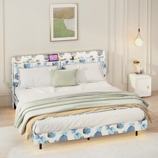 Queen Floating Upholstered Bed Frame with LED Lights, Charging Station, Storage Headboard, No Box Spring Needed, Blue Geometry