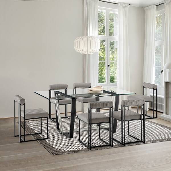 slide 2 of 100, Kai Anastasia 7 Piece Rectangular Glass Dining Table Set with Metal Frame and Upholstered Chairs Light Gray Faux Leather/Black