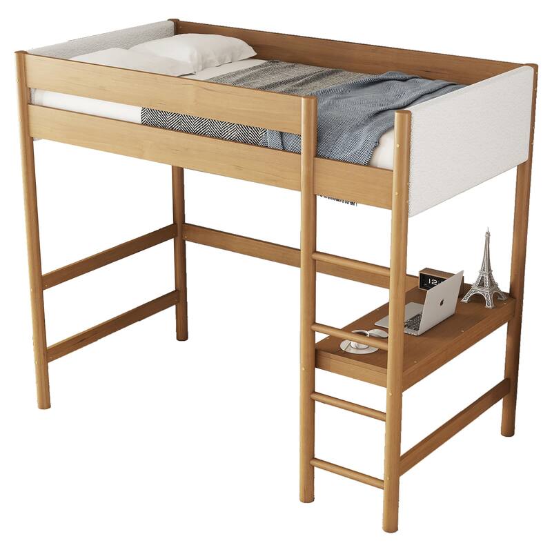 Twin Size Loft Bed with Desk, Boucle Upholstered Headboard and Footboard with Ladder, Safety Guardrails