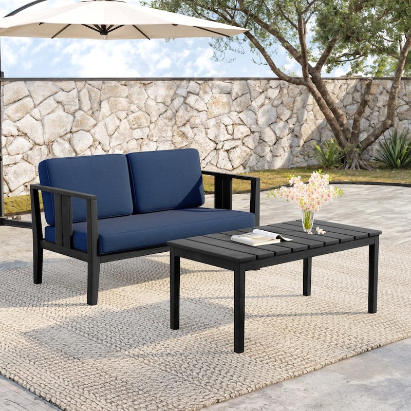 Teak Wood Water Resistant Outdoor Loveseat and Coffee Table Set (Set of 2) - Black frame - Navy/Black