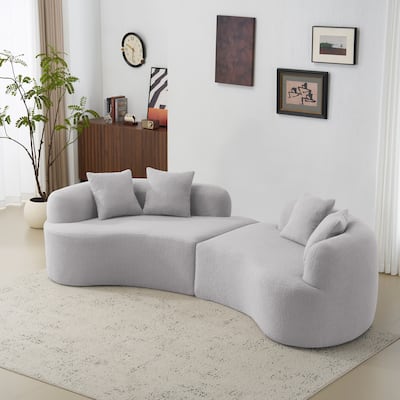 Curved Four Seater Grey Sofa, Teddy Velvet Fabric, No-Assembly for Small Spaces