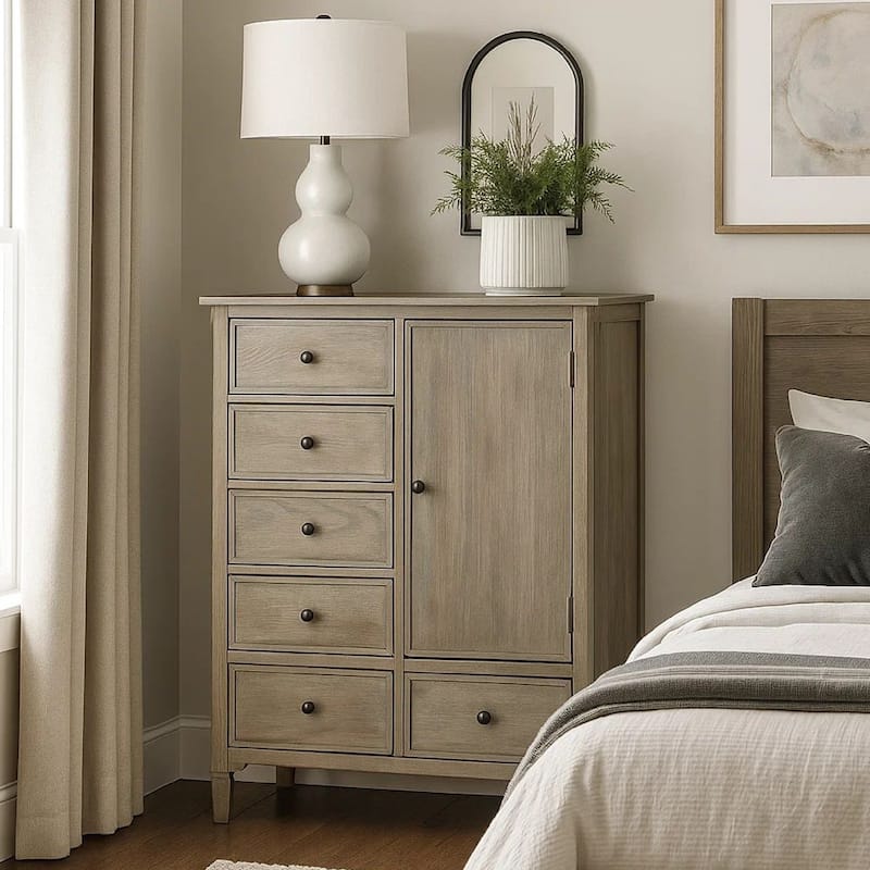 Armoire with 6 Storage Drawers and Turnip Feet, Natural Brown