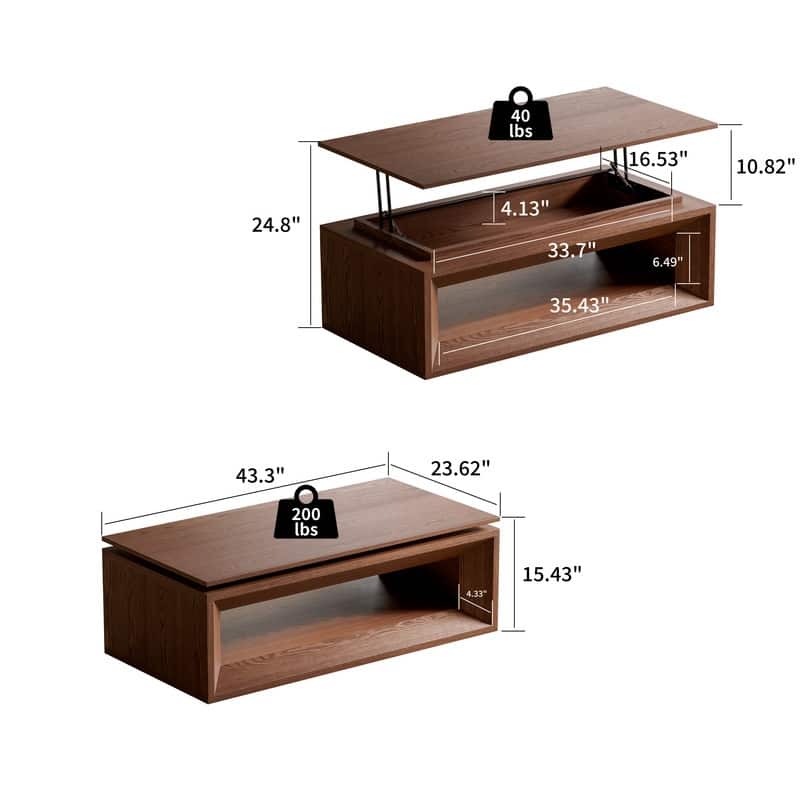 43.3" Lift-Top Coffee Table, Solid Wood Veneer Modern Accent Table with Storage and Adjustable Height