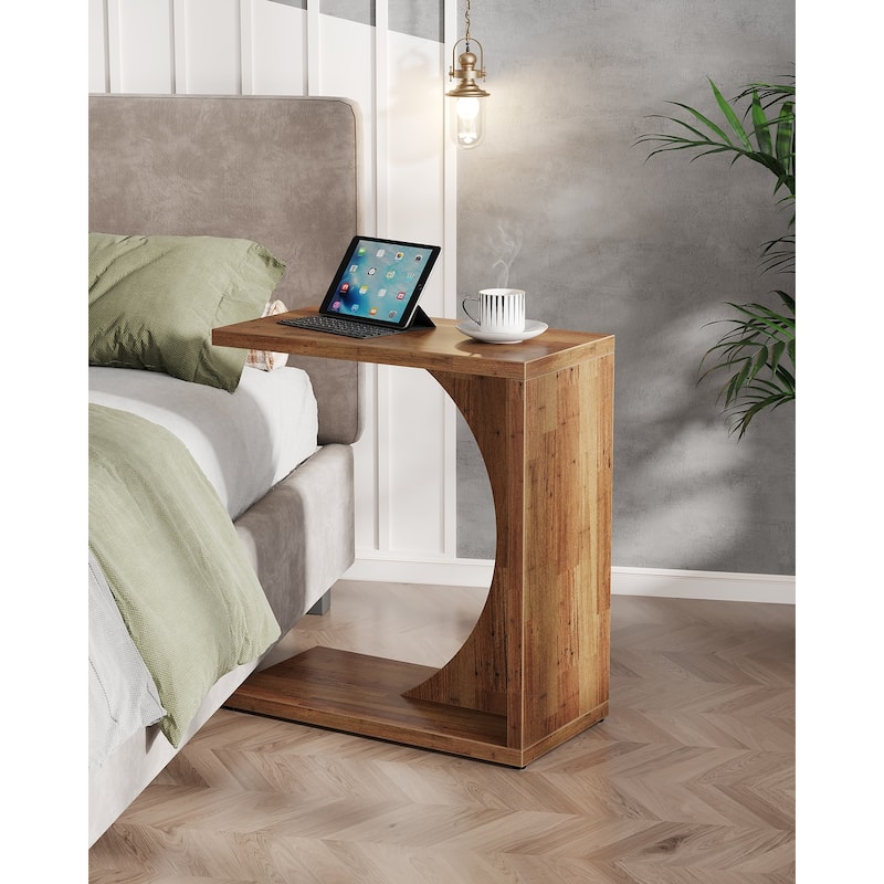 Wood 2-Tier C-Shaped Rectangular End Side Table for Living Room