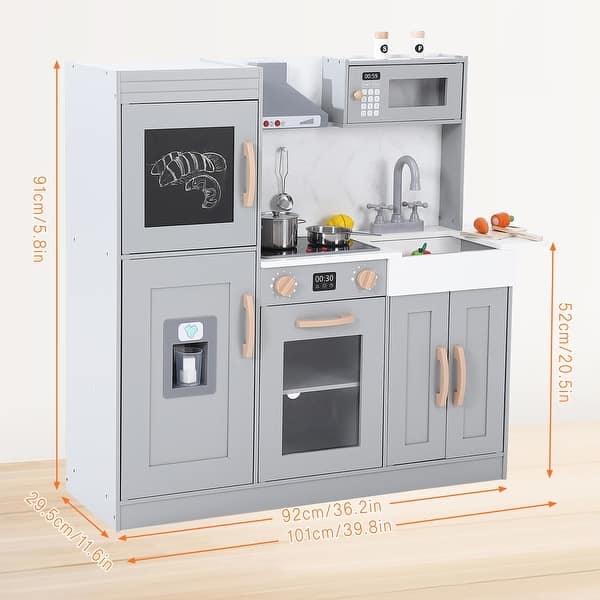 dimension image slide 1 of 3, Wooden Play Kitchen for Kids with Cookware Playset,Lights & Sounds,20 Accessories and Ice Maker,Microwave,Oven,Range Hood,Sink