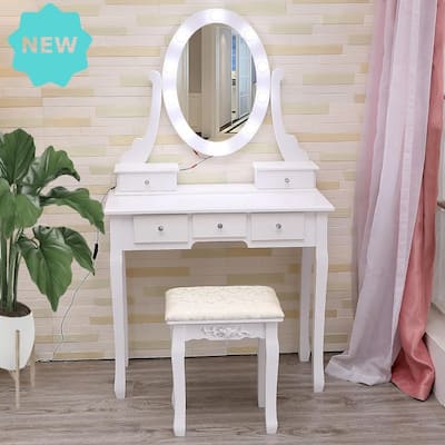 Space-Saving Makeup Vanity with LED Lights - 5 Drawer Desk and Stool