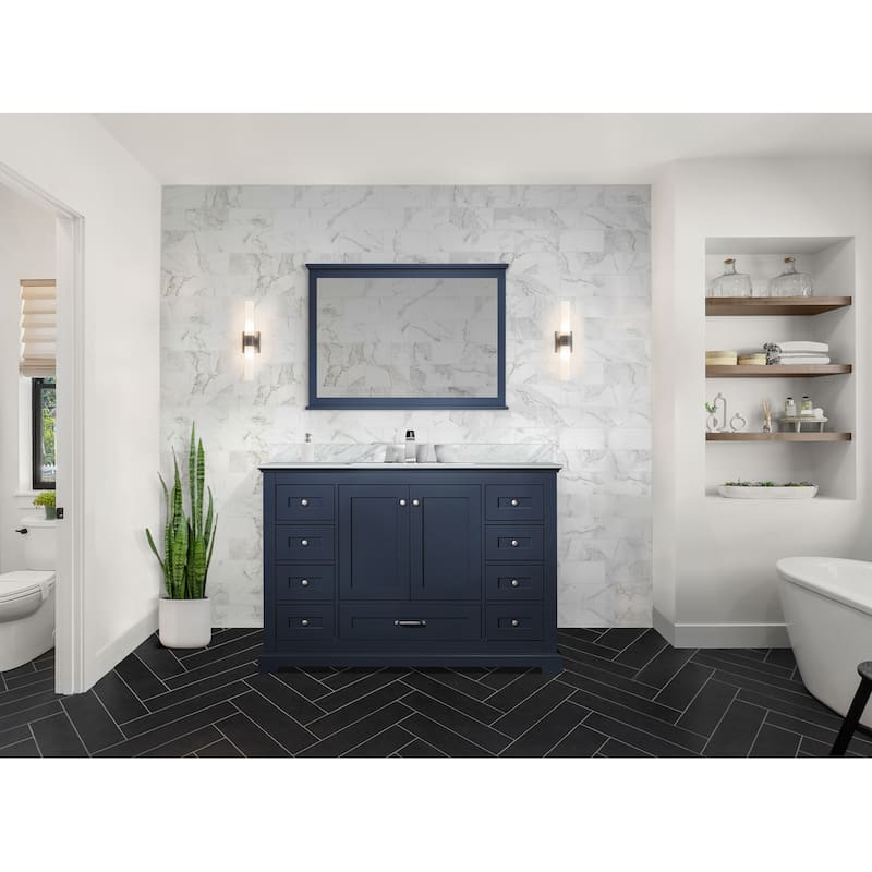 Dukes 48 in. W x 22 in. D Navy Blue Single Bath Vanity, Carrara Marble Top, Faucet Set, and 46 in. Mirror