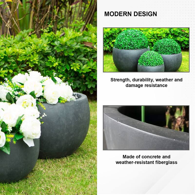 Kante Lightweight Concrete Outdoor Round Planter, Set of 3, 13", 10.5" and 8" Tall, Charcoal