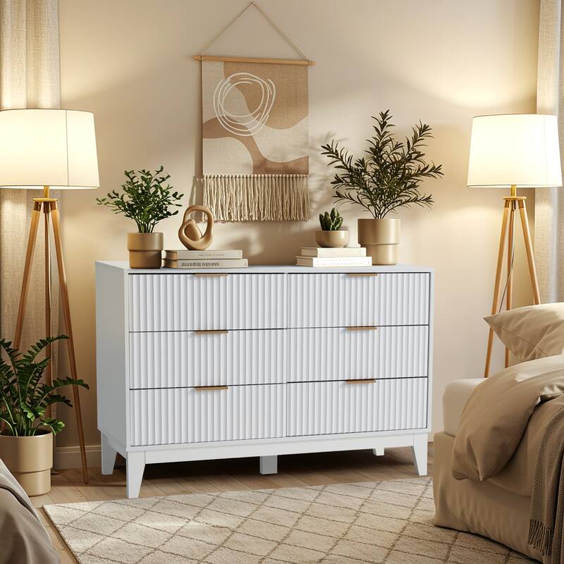 EROMMY Fluted 6-Drawer Dresser – Mid Century Modern Wide Chest with Metal Handles for Bedroom & Living Room