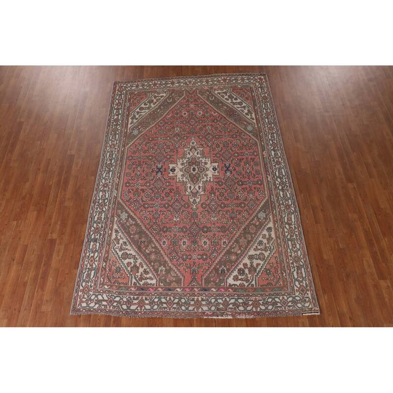 Geometric Pink Hamedan Persian Vintage Rug Hand-Knotted Wool Carpet - 6'7"x 9'7"