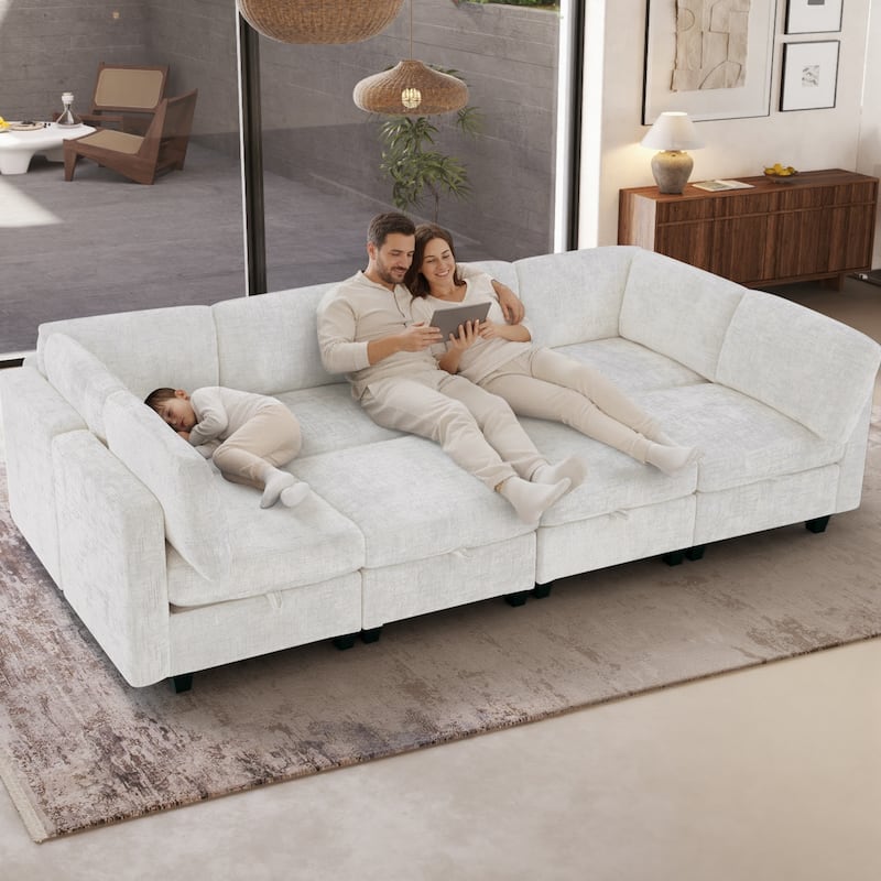 GDFStudio - Chenille Fabric 8-Seat 128" Modular Sectional Sofa with Storage & Solid Wood Frame