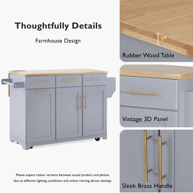 59.3" Kitchen Island with 2 Pull Out Cabinet Organizers & Drop Leaf, Trash Can Storage, Power Outlet, Spice & Towel Rack