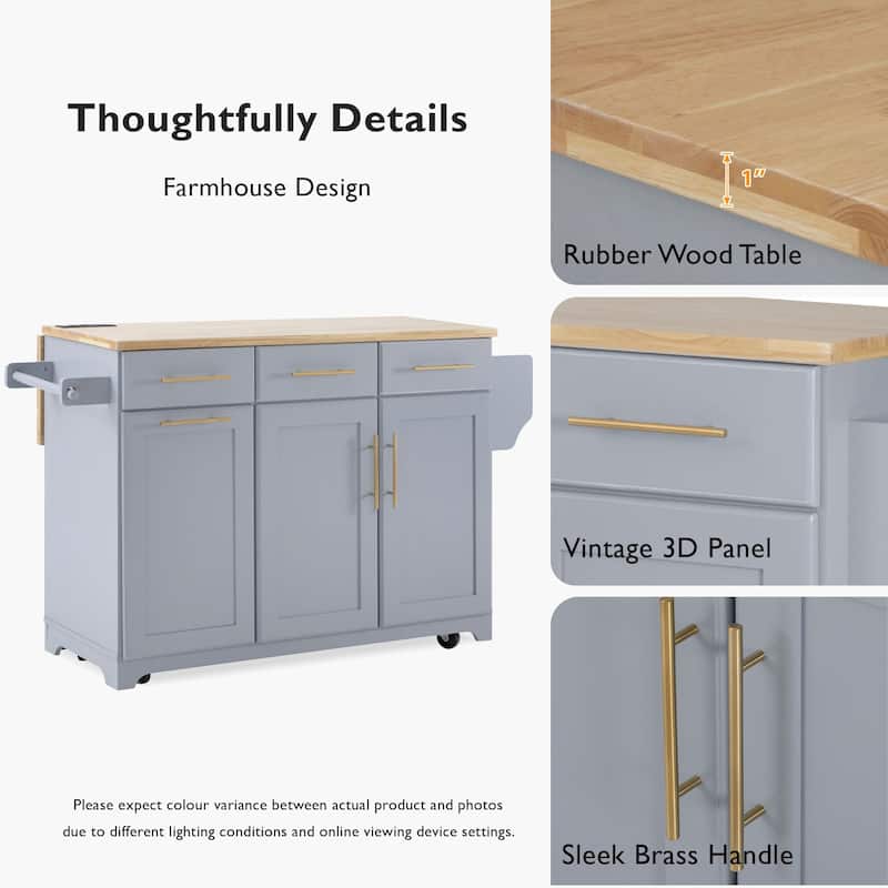 59.3" Rolling Kitchen Island with Storage and Pull-Out Organizers Rubber Wood Drop Leaf Rolling Design for Versatile Use