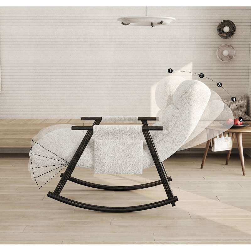 Casual folding rocking chair upholstered, lounge rocking chair adjustable high back and foot rest,side pockets
