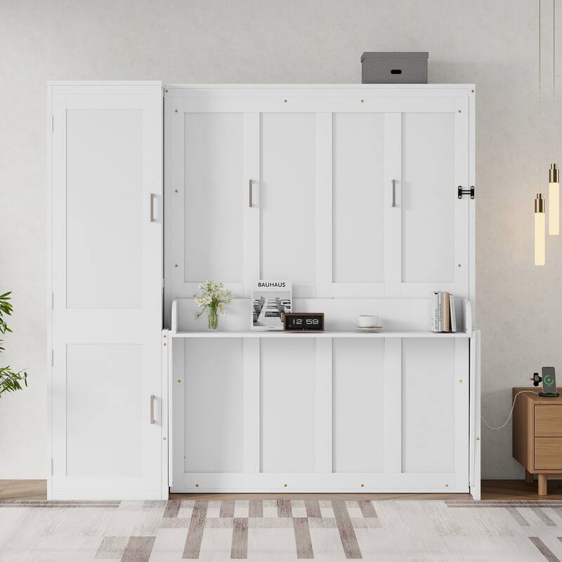 Queen Size Wood Murphy Bed with Wardrobe, Space-Saving White Wall Bed Frame with Hidden Desk and Charging Station, Gas Struts