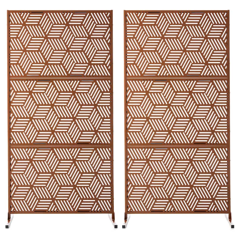 Glitzhome 6ft Galvanized Floral Patterned 3-Panel Privacy Screen Room Divider Fences - 6-Panel - Brown Geometric