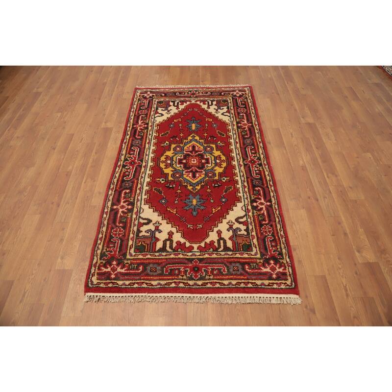 Hand Knotted Oriental 100% Wool Carpet Traditional Geometric Red Heriz (serapi) Area Rug - 5' 2'' X 2' 11''