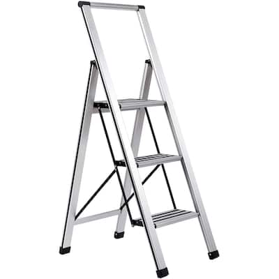 BirdRock Home 3-Step Slim Aluminum Step Ladder - Sturdy Thin Folding Stool - 3 Anti-Slip Steps - Wide Platform