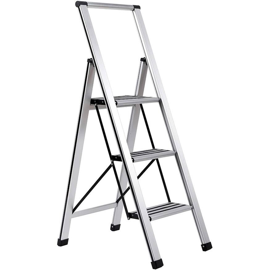 BirdRock Home 3-Step Slim Aluminum Step Ladder - Sturdy Thin Folding Stool - 3 Anti-Slip Steps - Wide Platform
