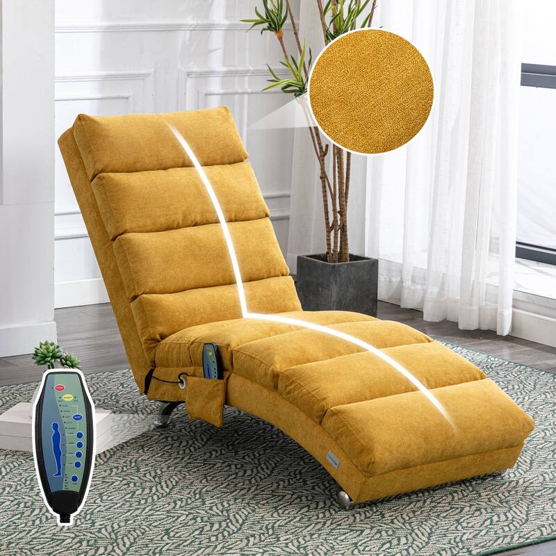 Luxury Upholstered Chaise Lounge Chair with Vibration for Relaxation, Fixed Back Fabric Leisure Recliner Sofa - Mustard