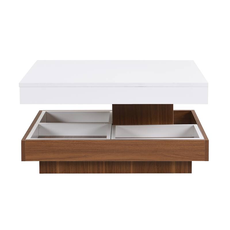 Modern Square 360°Rotating Coffee Table with Three Detachable Tray, 2-Tier Farmhouse Wood Center Table with Storage