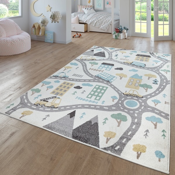 slide 2 of 6, Nursery Rug with Streets Cars and Trees Motif in Pastel Colors 2'8" x 4'11"