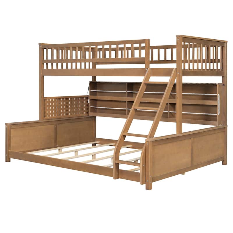 Full XL over Queen/Full over Full Bunk Bed with Integrated Shelving, Color-Changing Lights & Pegboard